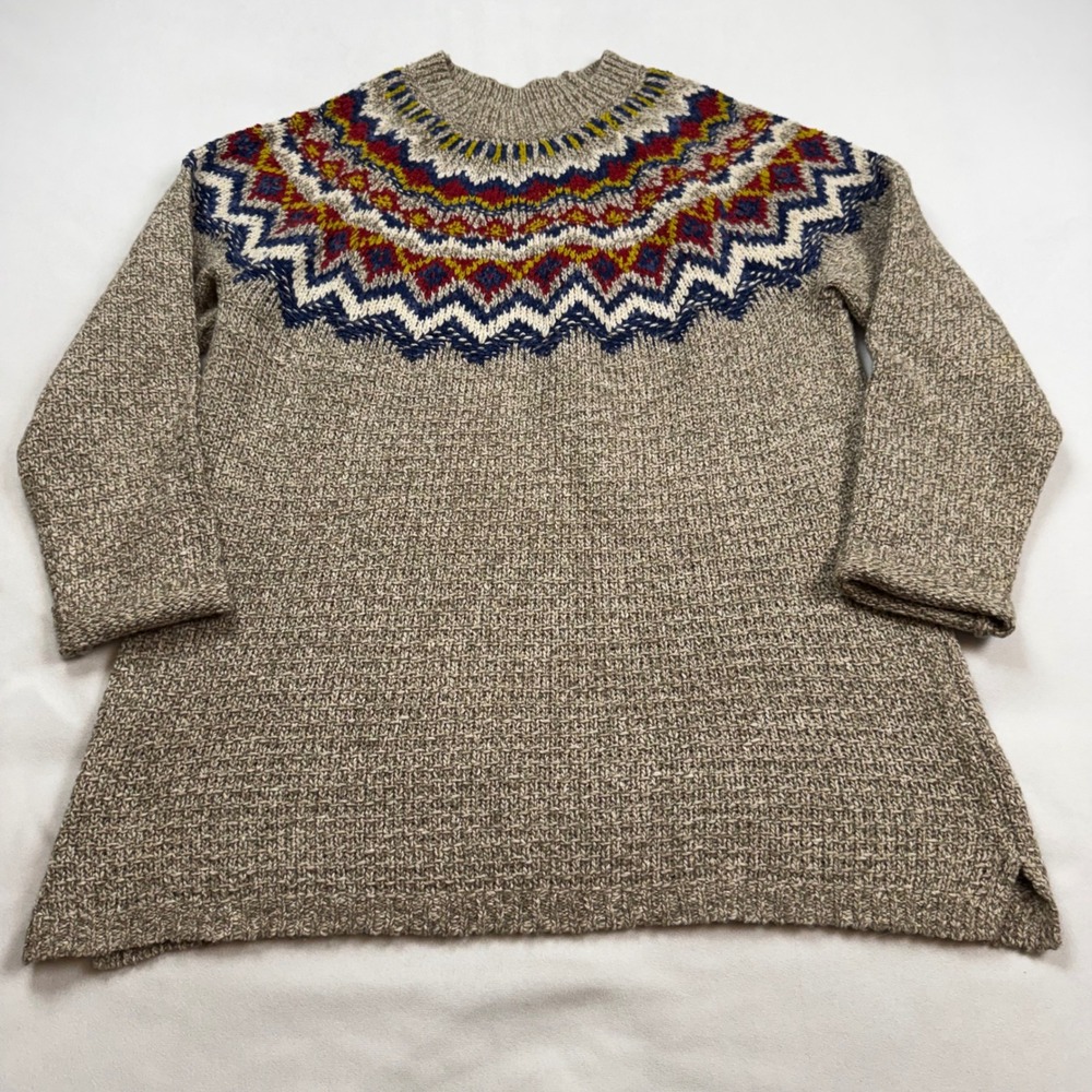 J. Jill Womens Fair Isle Yoke Sweater L Tan Cotton Blend Knit SSW137981